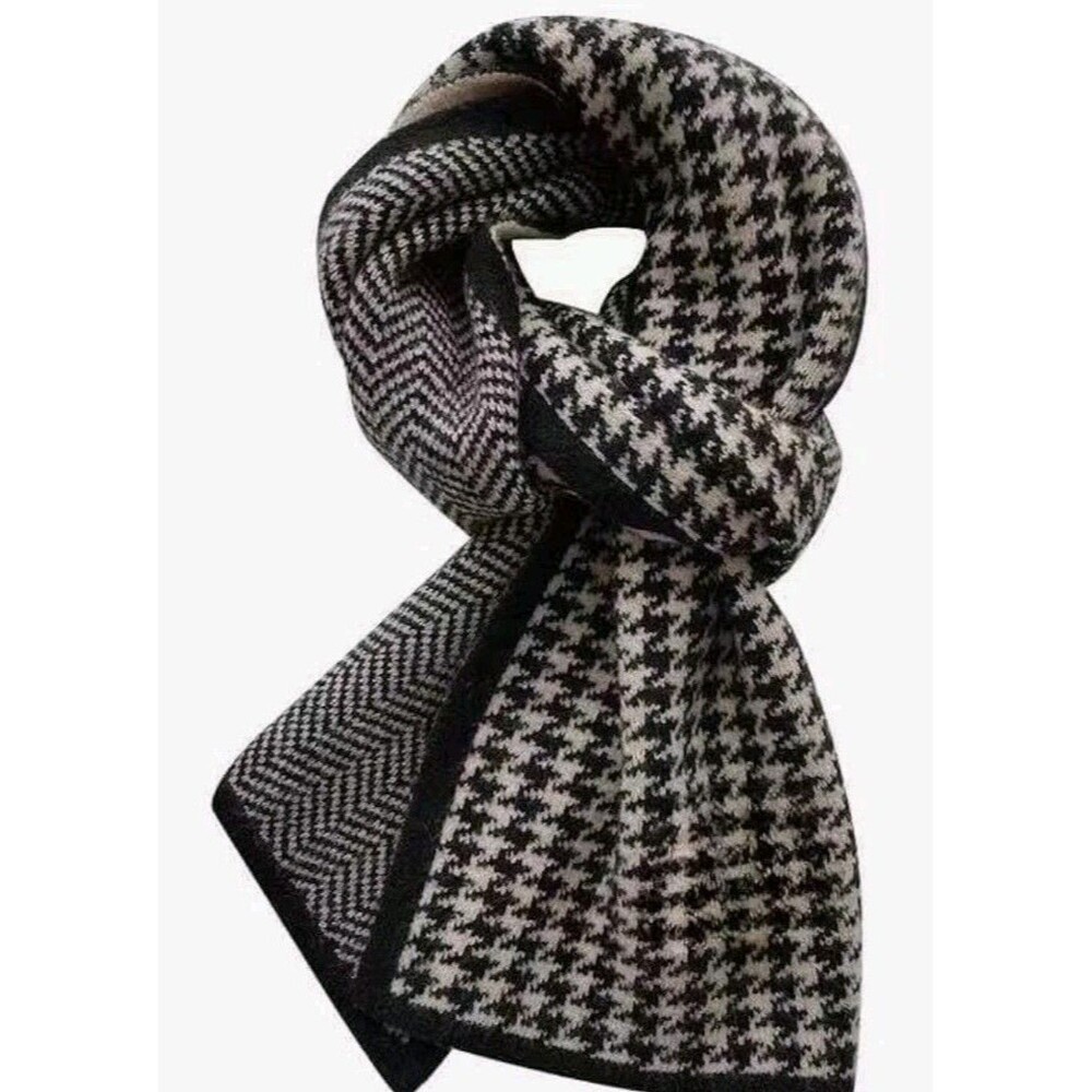 Women's Winter Cashmere Tartan Neck Scarf - Soft Plaid Scarf Black & White